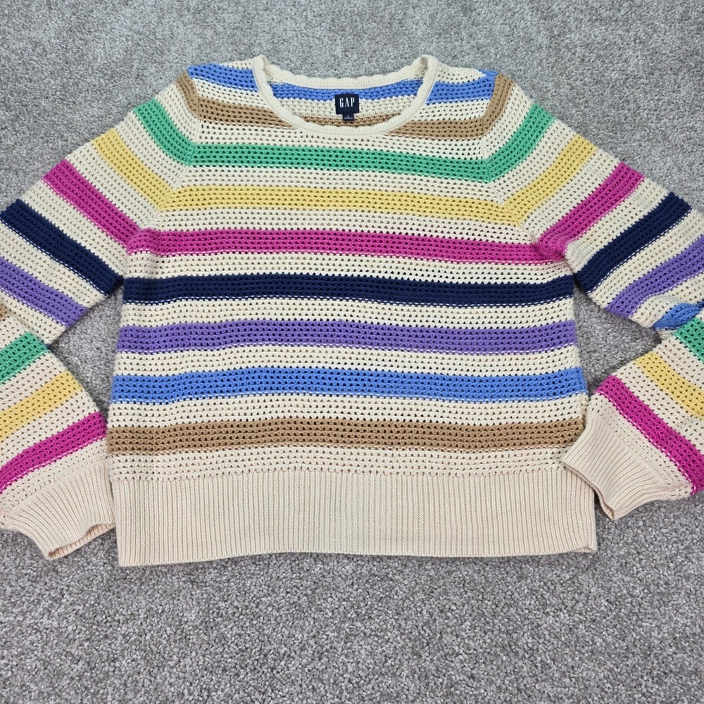 Gap Womens Rainbow Striped Open Knit Cotton Sweater Crewneck Multicolor Large